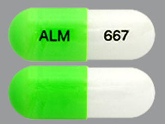 This is a Capsule Er 24 Hr imprinted with ALM on the front, 667 on the back.