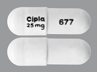 This is a Capsule imprinted with Cipla  25 mg on the front, 677 on the back.