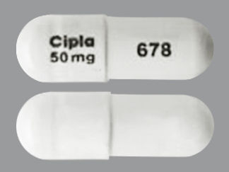 This is a Capsule imprinted with Cipla  50 mg on the front, 678 on the back.