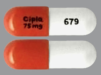 This is a Capsule imprinted with Cipla  75 mg on the front, 679 on the back.