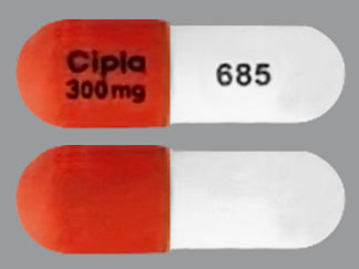 This is a Capsule imprinted with Cipla  300 mg on the front, 685 on the back.