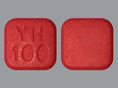 Esto es un Tableta LP 24 Hr rojo cuadrado imprimido con YH 100 en la parte delantera, nada en la parte posterior, y es fabricado por SLATE RUN PHARM.