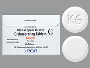 Clonazepam: Esto es un Tableta De Desintegración imprimido con K6 en la parte delantera, nada en la parte posterior, y es fabricado por None.