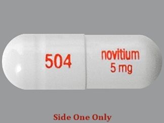 This is a Capsule imprinted with 504 on the front, novitium  5mg on the back.