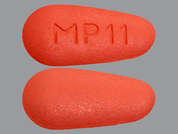 Pregabalin Er: This is a pink almond Tablet Er 24 Hr imprinted with MP 11 on the front, nothing on the back, and is manufactured by NOVADOZ PHARMAC.