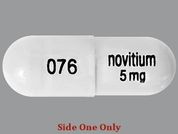 Meloxicam: This is a Capsule imprinted with 076 on the front, Novitium 5 mg on the back.