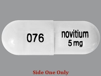 This is a Capsule imprinted with 076 on the front, Novitium 5 mg on the back.