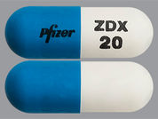 Geodon: This is a Capsule imprinted with Pfizer on the front, ZDX  20 on the back.