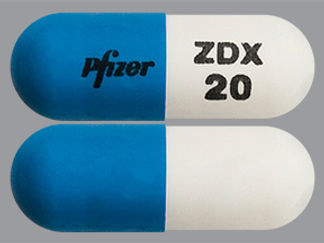 Esto es un Cápsula imprimido con Pfizer en la parte delantera, ZDX  20 en la parte posterior, y es fabricado por None.