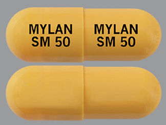 Esto es un Cápsula imprimido con MYLAN  SM 50 en la parte delantera, MYLAN  SM 50 en la parte posterior, y es fabricado por None.