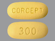 Korlym: This is a Tablet imprinted with CORCEPT on the front, 300 on the back.