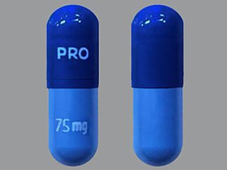 This is a Capsule Dr Sprinkle imprinted with PRO on the front, 75 mg on the back.