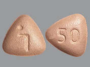 Quviviq: Esto es un Tableta naranja claro triangular imprimido con 50 en la parte delantera, logo en la parte posterior, y es fabricado por IDORSIA PHARMAC.