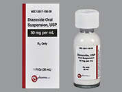 Diazoxide: This is a white Suspension Oral imprinted with nothing on the front, nothing on the back, and is manufactured by E5 PHARMA.