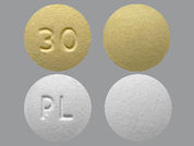 Drospirenone-Ethinyl Estradiol: This is a Tablet imprinted with 30 or PL on the front, nothing on the back.