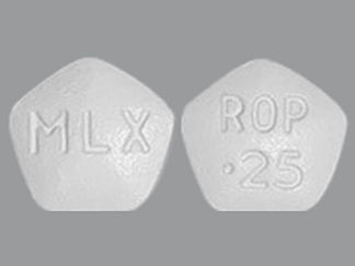 This is a Tablet imprinted with ROP  .25 on the front, MLX on the back.