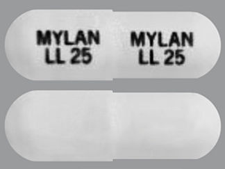 Esto es un Cápsula imprimido con MYLAN  LL 25 en la parte delantera, MYLAN  LL 25 en la parte posterior, y es fabricado por None.