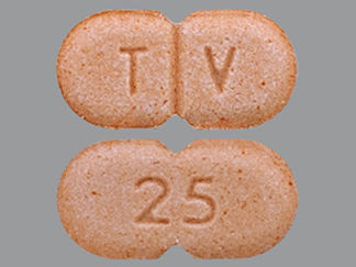 This is a Tablet imprinted with 25 on the front, T V on the back.
