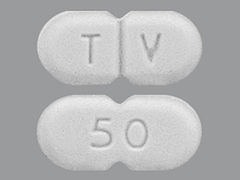 This is a white oblong Tablet imprinted with 50 on the front, T V on the back, and is manufactured by TEVA PHARM.