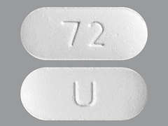 This is a white oblong Tablet Er 24 Hr imprinted with 72 on the front, U on the back, and is manufactured by UNICHEM PHARMAC.