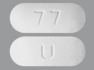 This is a Tablet Er 24 Hr imprinted with 77 on the front, U on the back.