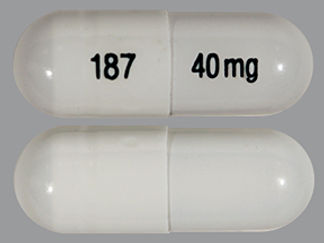 Esto es un Cápsula Dr imprimido con 187 en la parte delantera, 40 mg en la parte posterior, y es fabricado por None.
