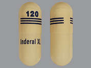 Inderal Xl: This is a buff oblong Capsule Er 24 Hr imprinted with 120 on the front, INDERAL XL on the back, and is manufactured by ANI PHARMACEUTI.