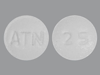 This is a Tablet imprinted with ATN on the front, 25 on the back.