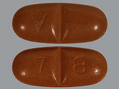 Esto es un Tableta color café oval imprimido con V en la parte delantera, 7 8 en la parte posterior, y es fabricado por CAMBER PHARMACE.