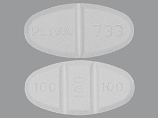 This is a Tablet imprinted with PLIVA 733 on the front, 100 100 100 on the back.