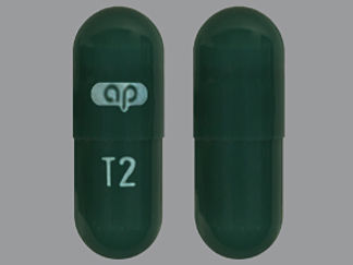 This is a Capsule Er 24 Hr imprinted with logo on the front, T2 on the back.