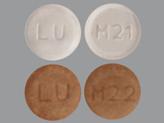 This is a Tablet Chewable imprinted with LU on the front, M21 or M22 on the back.
