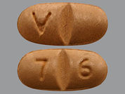 Oxcarbazepine: This is a Tablet imprinted with V on the front, 7 6 on the back.