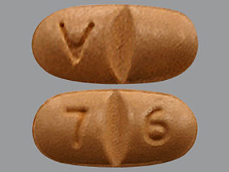 This is a Tablet imprinted with V on the front, 7 6 on the back.