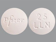 Lorbrena: Esto es un Tableta imprimido con Pfizer en la parte delantera, 25  LLN en la parte posterior, y es fabricado por None.