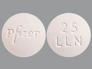 Esto es un Tableta imprimido con Pfizer en la parte delantera, 25  LLN en la parte posterior, y es fabricado por None.