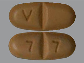 This is a Tablet imprinted with V on the front, 7 7 on the back.
