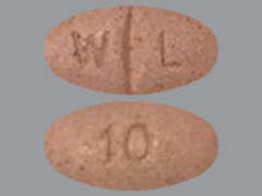 This is a peach oval Tablet imprinted with 10 on the front, W L on the back, and is manufactured by WINDER LABORATO.