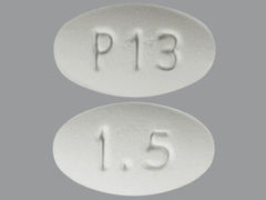 This is a white oval Tablet Er 24 Hr imprinted with 1.5 on the front, P13 on the back, and is manufactured by INGENUS PHARMAC.