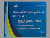 Prevnar 20: This is a Syringe imprinted with nothing on the front, nothing on the back.