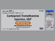 Carboprost Tromethamine: Esto es un Vial imprimido con nada en la parte delantera, nada en la parte posterior, y es fabricado por None.