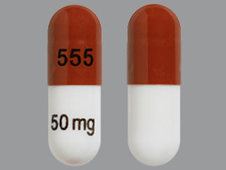 This is a Capsule imprinted with 555 on the front, 50mg on the back.