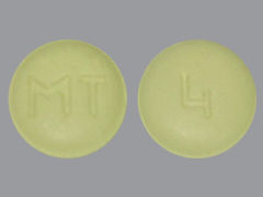 This is a yellow round Tablet imprinted with MT on the front, 4 on the back, and is manufactured by NOVADOZ PHARMAC.