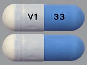 Mexiletine Hcl: Esto es un Cápsula azul claro oblongo imprimido con V1 en la parte delantera, 33 en la parte posterior, y es fabricado por CAMBER PHARMACE.