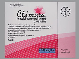 Esto es un Parche Transdérmico Semanal imprimido con Climara  (estradiol)  0.075mg/day en la parte delantera, nada en la parte posterior, y es fabricado por None.