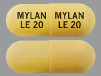 Esto es un Cápsula imprimido con MYLAN  LE 20 en la parte delantera, MYLAN  LE 20 en la parte posterior, y es fabricado por None.