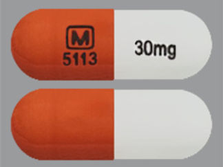 This is a Capsule imprinted with logo and 5113 on the front, 30mg on the back.