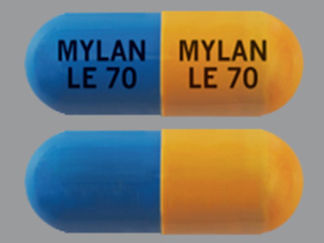 Esto es un Cápsula imprimido con MYLAN  LE 70 en la parte delantera, MYLAN  LE 70 en la parte posterior, y es fabricado por None.
