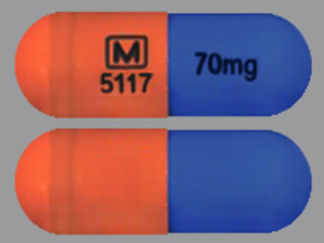 This is a Capsule imprinted with logo and 5117 on the front, 70mg on the back.