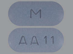This is a blue oblong Tablet imprinted with M on the front, AA11 on the back, and is manufactured by MYLAN.